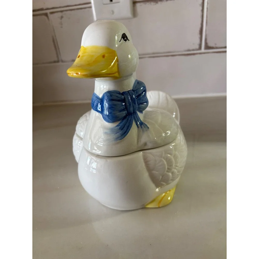 Vintage Ceramic Duck Jar White Goose Blue Bow Farmhouse Cottagecore Decor